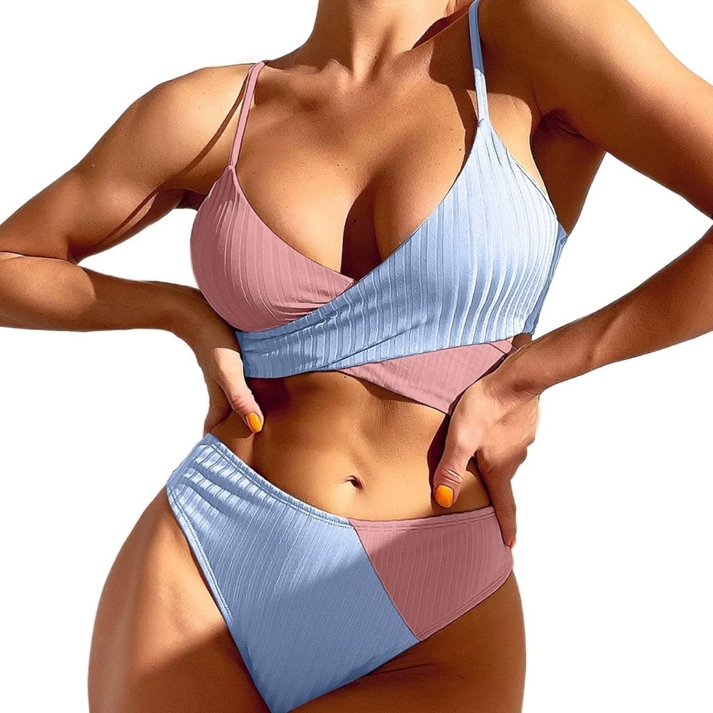 HHmei Wrap Swimsuit 2 Piece Color Block Push Up Bikini Sets Seamless M A7